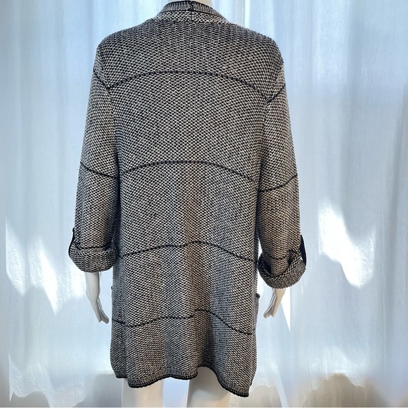 Chicos Black White Tweed Cotton Blend Open Front Tunic Cardigan Sweater Sz L/XL - Picture 4 of 11